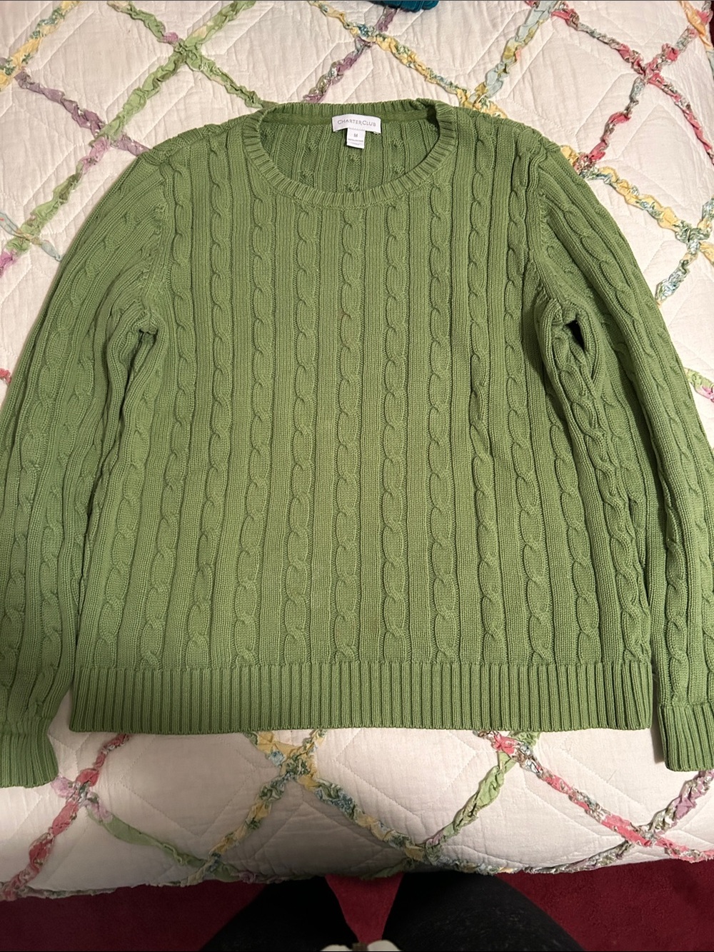 Charter Club Green Cable Knit Crewneck Sweater